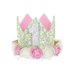 Korona opaska na urodziny biały róż roczek cyfra 1